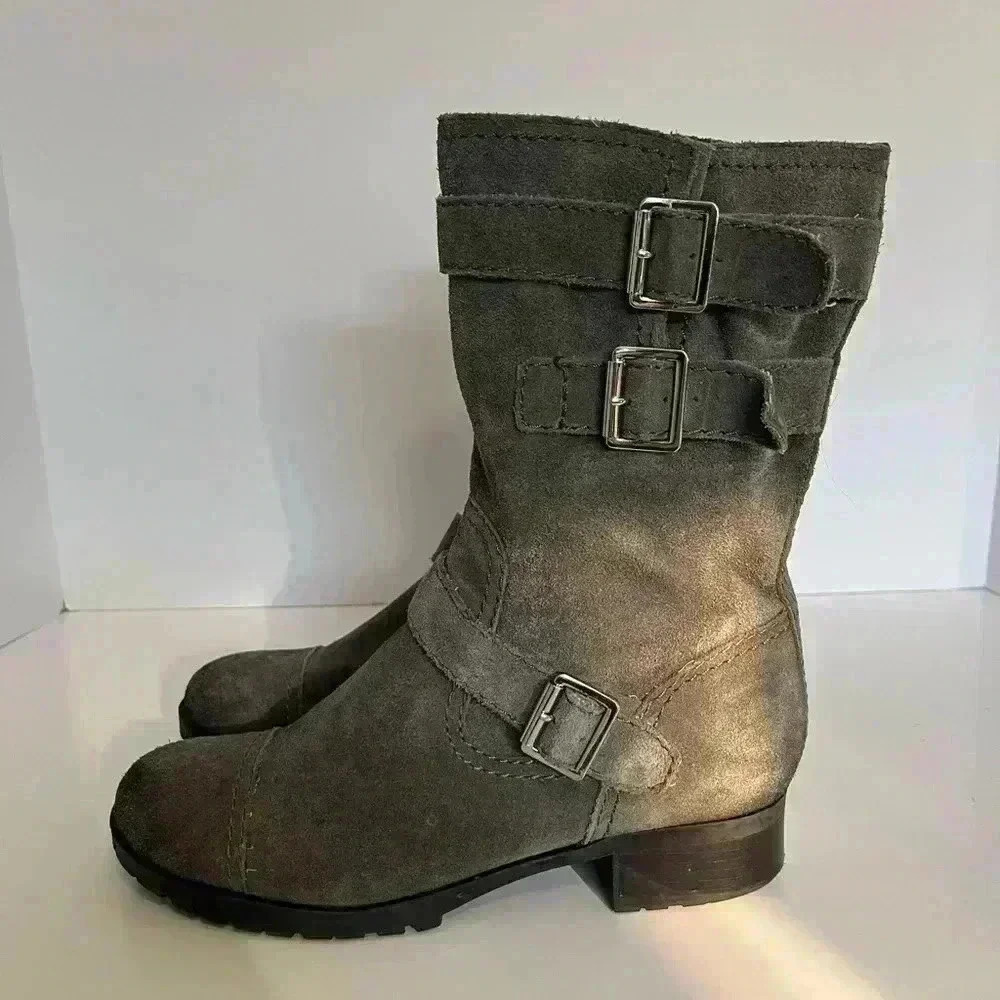 Marc Fisher Grey Suede Triple Buckle Moto Boots Grunge Biker